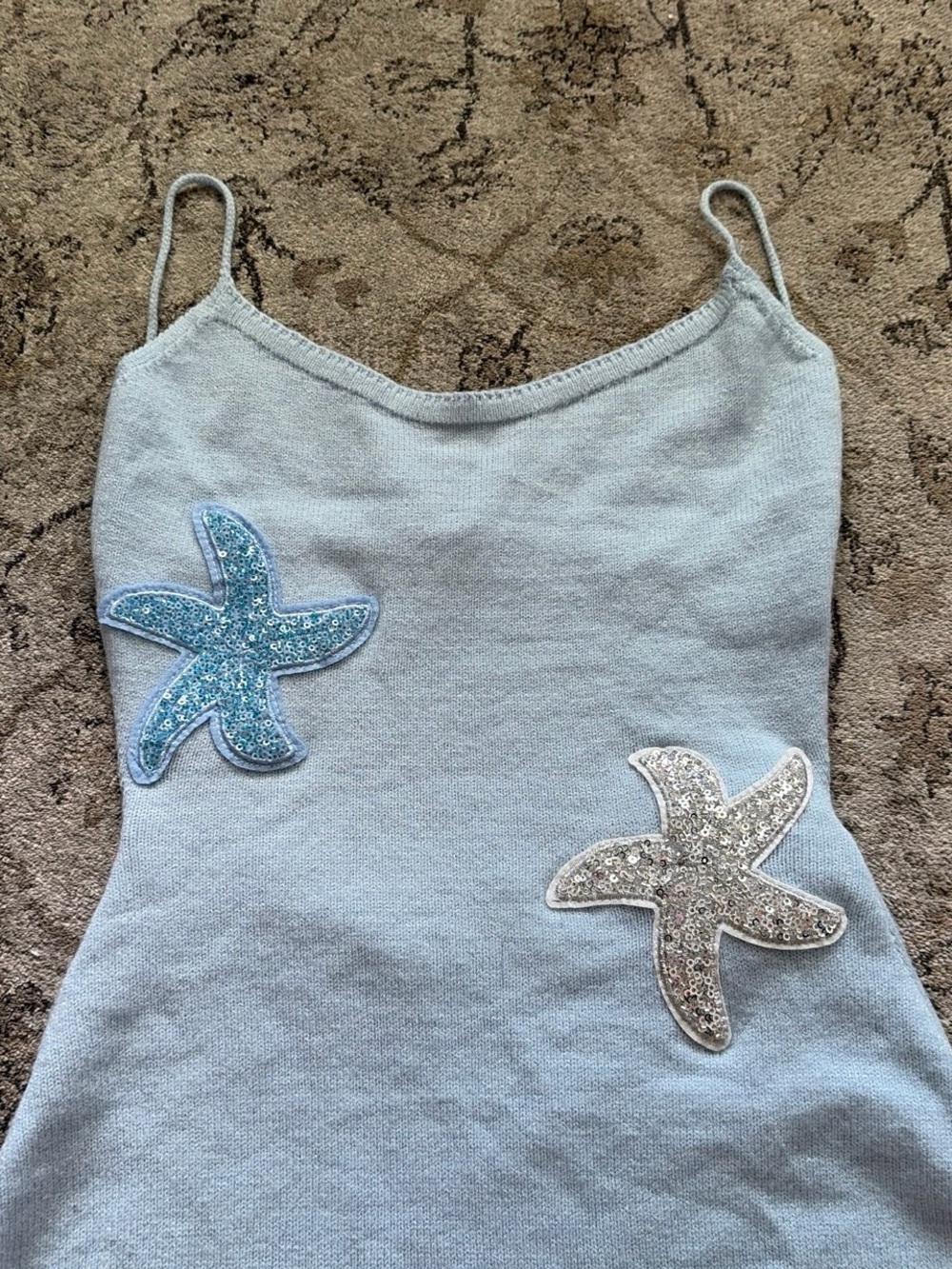 Light Blue Sequin Starfish Cami Knit Dress 🤍🩵